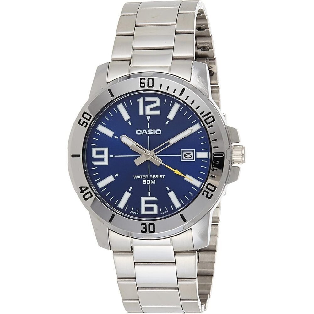 🆕Men's Silver-Tone Stainless Steel Diver Watch Blue Dial Quartz Model